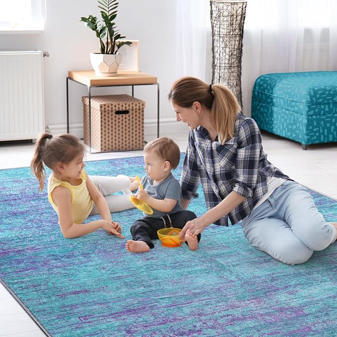 5x8 Area Rugs, Modern Abstract Teal Purple Washable Rug for Living Room, Soft Large Non-Slip Carpet for Bedroom Dining Room Home Office Farmhouse Decor - Teal+Purple