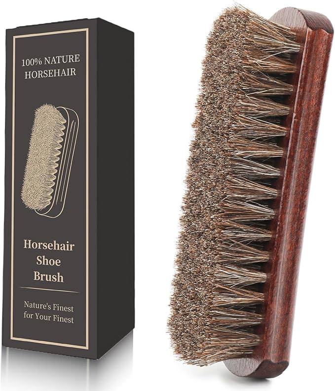 100% 7in Horsehair Shoe Brush Horse Hair Brush for Leather Boots Cleaning Polishing Buffing Shining Professional Shoe Shine Brush for Sneakers Jackets Sofas Bags Furniture Car Seats Leather Care Tool