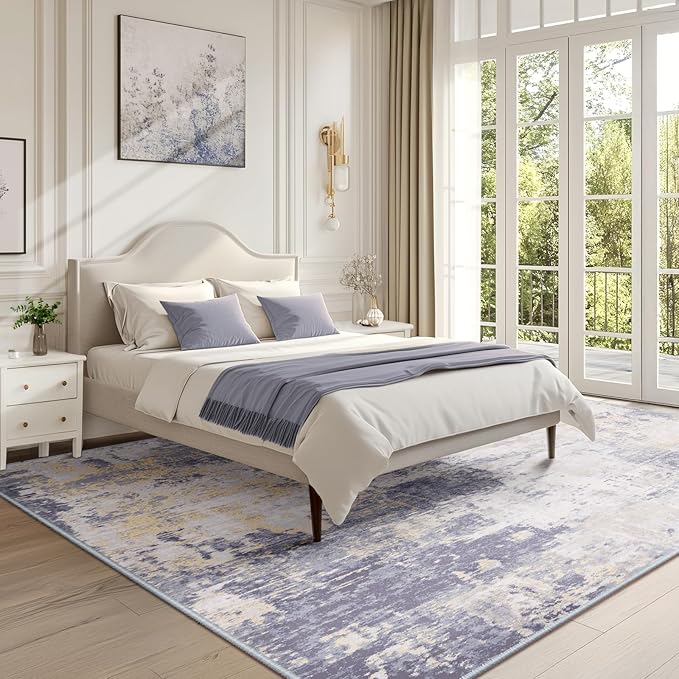 RELEANY Washable Area Rugs 5'x7' Non-Slip Modern Abstract Soft for Living Room Entryway Bedroom Nursery, Print Pattern, Purple Grey Cream Yellow