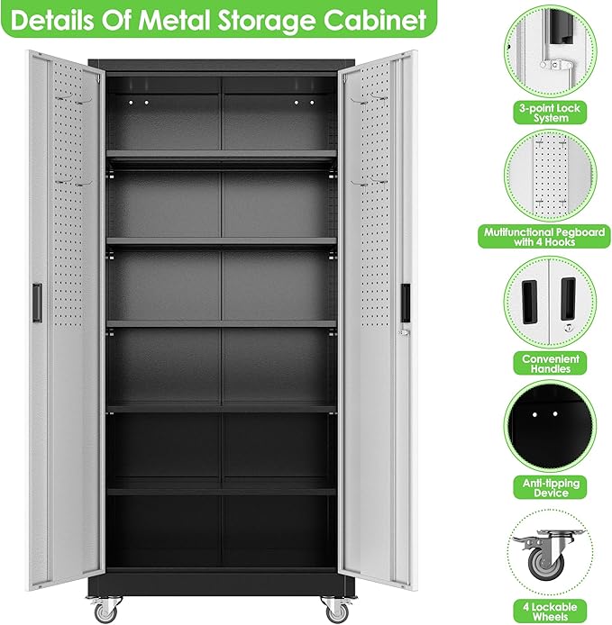 Reemoon Garage Storage Cabinet with Wheels, Lockable Metal Storage Cabinet with 5 Adjustable Shelves for Garage Warehouse Office Utility Room,Required Assembly,Black and Silver，71" H×32" W×16" D