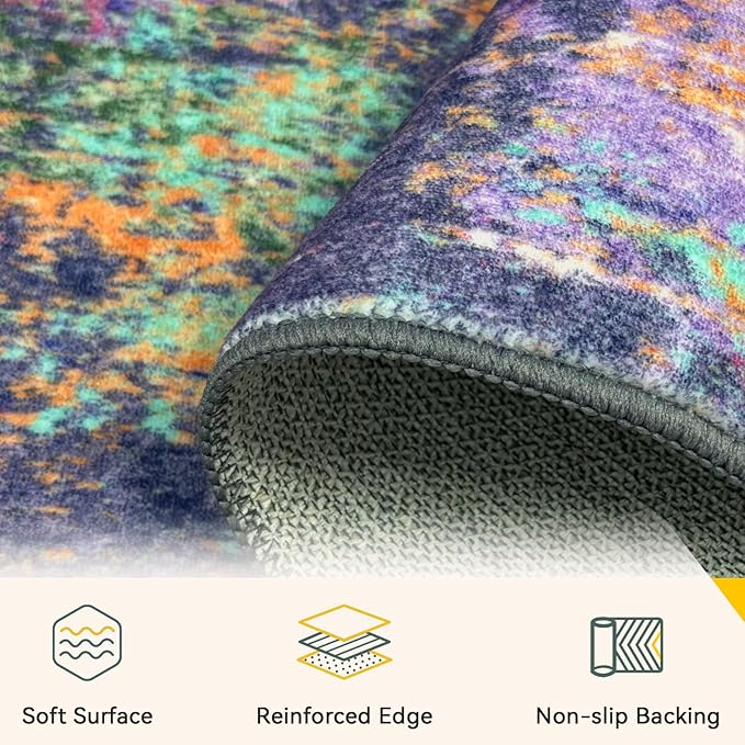RELEANY Washable Area Rugs 7'x9' Non-Slip Modern Abstract Soft for Living Room Entryway Bedroom Nursery, Print Pattern, Purple Orange Blue Green Rust Red Colorful