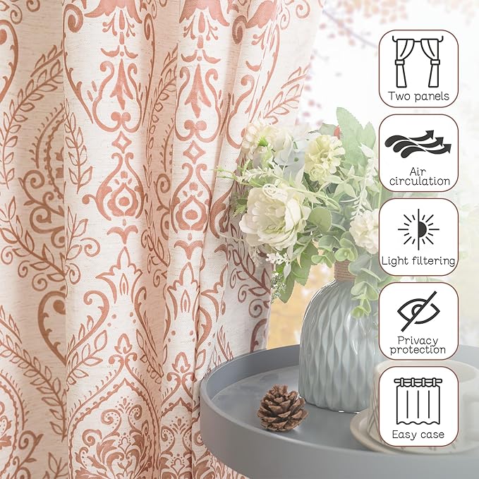 LAMIT Linen Curtains 40 inch Length for Small Windows, Light Filtering Semi Sheer Linen Curtains Grommet Vintage Damask Flower Pattern Drapes for Half Windows/Cafe, 2 Panels, 34 x 40 Inch, Terracotta