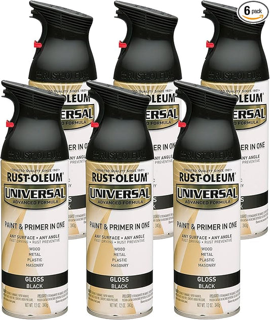 Rust-Oleum 245196-6PK Universal All Surface Spray Paint, 12 oz, Gloss Black, 6 Pack