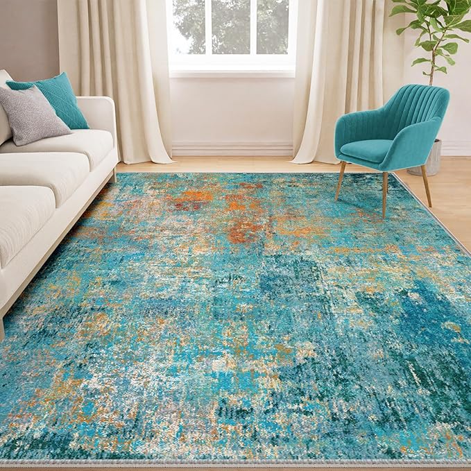 RELEANY Washable Area Rugs 6'x8' Non-Slip Modern Abstract Soft for Living Room Entryway Bedroom Nursery, Print Pattern, Teal Blue Green Orange Rust Red Colorful