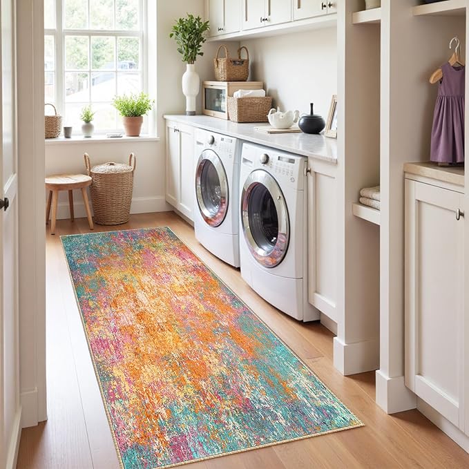RELEANY Washable Area Rugs 2'x6' Non-Slip Modern Abstract Soft for Living Room Entryway Bedroom Nursery, Print Pattern, Orange Blue Pink Yellow Colorful