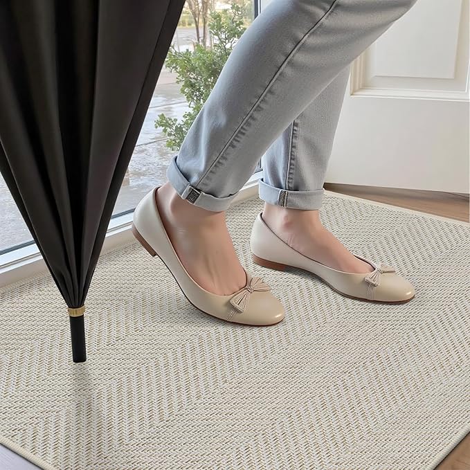 Ultra Thin Indoor Door Mat 24"x47", Washable Door Mat Indoor Entrance, Non Slip Rubber Backing Doormat Low-Profile Inside Entryway Mat, Unique Herringbone Design Entry Mat, Khaki (FOLD)