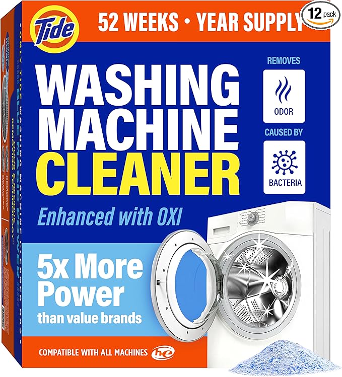 Tide Washing Machine Cleaner 52 Week Supply with Oxi for Front and Top Loader Washer Machines, Deep Cleaning Residue & Odor Eliminator, 12 Month Supply (Packaging May Vary)