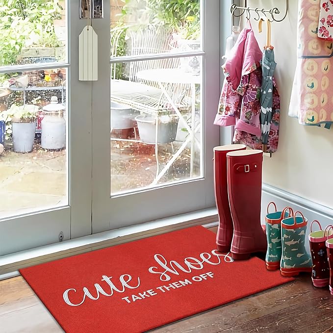 Outdoor Welcome Mats Front Door Outside Mat for Home Entry Cute Shoes Take Them Off Entryway Doormats Non Slip Low Profile Small Rugs for Bedroom Living Room Dark Red