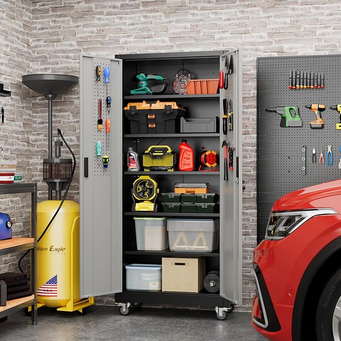 Reemoon 71" H Metal Garage Storage Cabinet with Wheels，Steel Storage Cabinet with Door,5 Adjustable Shelves and Pegboard for Garage Home,Required Assembly,Black &Dark Grey
