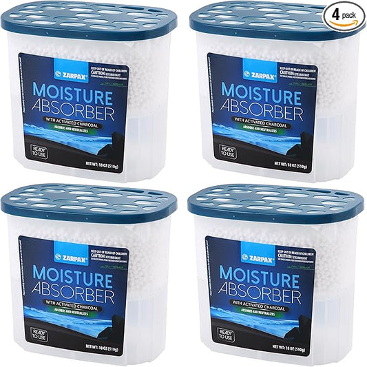 ZARPAX Moisture Absorber Activated Charcoal 18 oz/510g | Removes Moisture, Damp, Humidity & Odors | Odor Absorber | Moisture Trap for Bathroom, Closet, Kitchen & Small Spaces | Set of 4