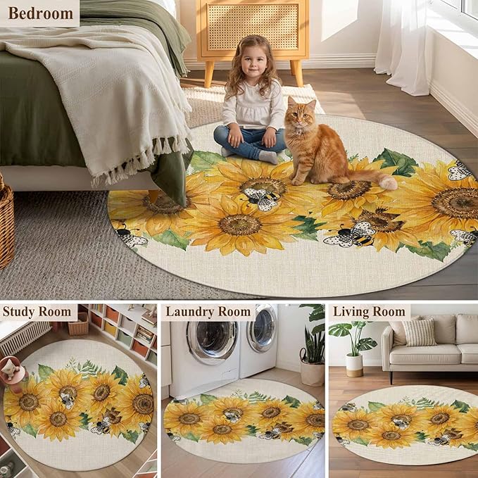 Watercolor Sunflower Cartoon Farmhouse Bee Linen Texture Round Rug 6 Ft, Circle Area Rugs Washable Non Slip Indoor Floor Mats Carpet for Living Room Bedroom Dining Room Home Decor