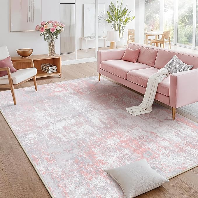RELEANY Washable Area Rugs 7'x9' Non-Slip Modern Abstract Soft for Living Room Entryway Bedroom Nursery, Print Pattern, Grey Pink