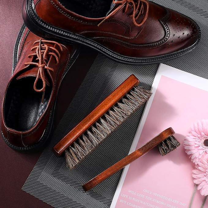 2 Pcs Horsehair Shoe Brush Kit Polishing Daubers Applicators Leather Care Brushes Shine Cleaning Cloth with Case(Shoe Brush Set G)