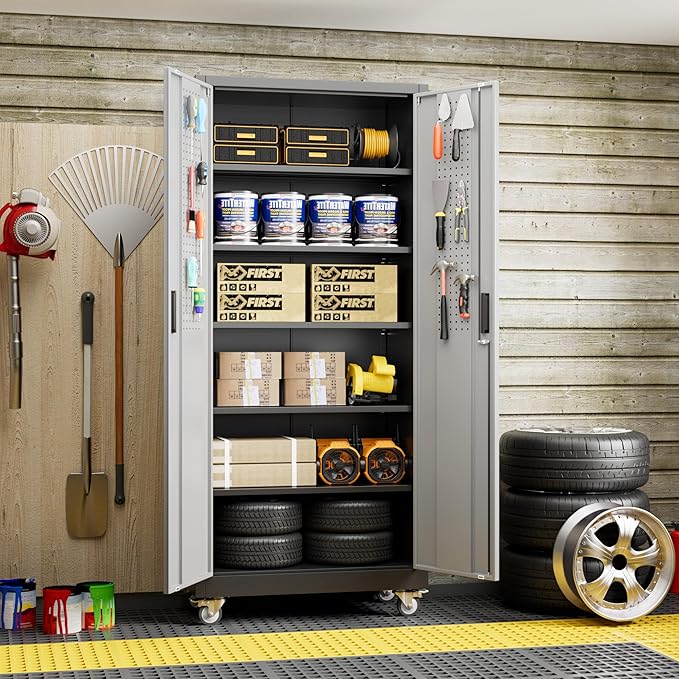 Reemoon 71" H Metal Garage Storage Cabinet with Wheels，Steel Storage Cabinet with Door,5 Adjustable Shelves and Pegboard for Garage Home,Required Assembly,Black &Dark Grey