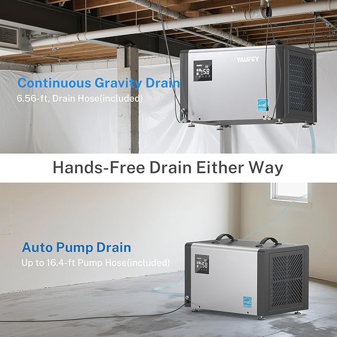 Yaufey 70 Pints Energy Star Commercial Dehumidifier with Pump for 5000 Sq. Ft. Crawl Space, Basement, Industrial, 10-98% RH Humidity Control, 24/7 Continuous Drainage, TUV Certified, 5-Year Coverage