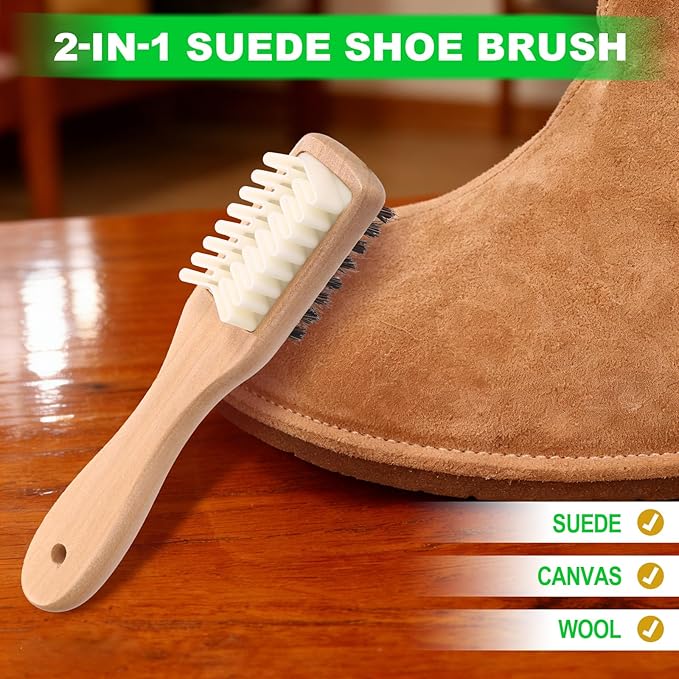 2-in-1 Suede Shoe Cleaner with Eraser, Wooden Handle Suede & Nubuck Cleaning Brush for Shoes Bags Jackets, Easy to Hold & Use