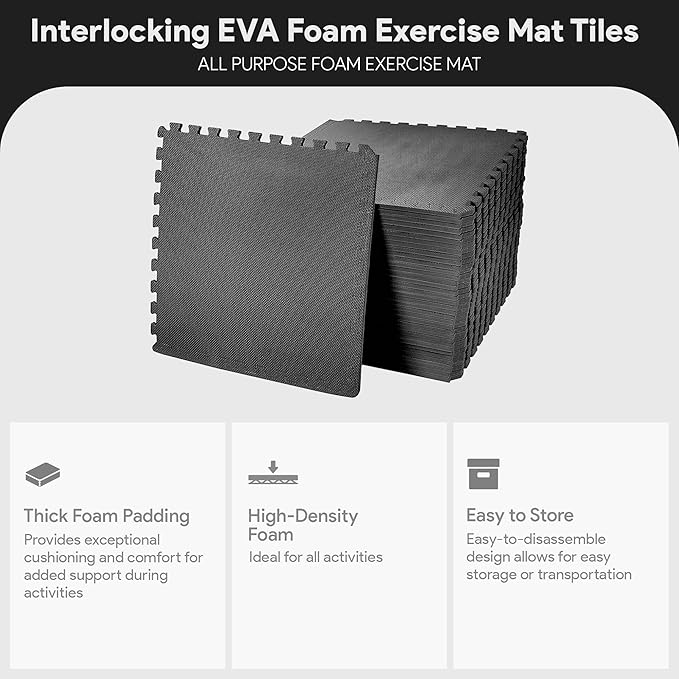 BalanceFrom Puzzle Exercise Mat with EVA Foam Interlocking Tiles for MMA, Exercise, Gymnastics and Home Gym Protective Flooring, 1/2" Thick, 144 Square Feet, Black