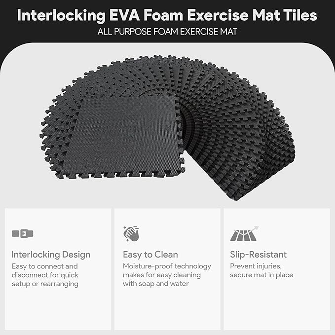 BalanceFrom Puzzle Exercise Mat with EVA Foam Interlocking Tiles for MMA, Exercise, Gymnastics and Home Gym Protective Flooring, 1/2" Thick, 144 Square Feet, Black