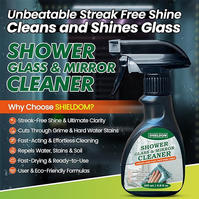 SHIELDOM Shower Glass Cleaner, Glass Window & Mirror Cleaning Hard Water Stains Remover Removes Soap Scum/Water Spot/Fingerprint/Dirt with Squeegee & Towel for a Streak-Free Shine 6.8fl oz/200ml