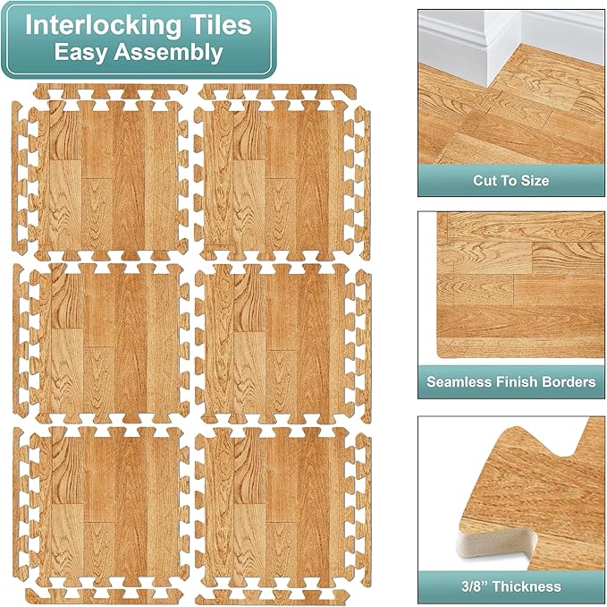 Sorbus Wood Grain Floor Mats Foam Interlocking Mats Each Tile 1 Square Foot 3/8-Inch Thick Flooring Wood Mat Tiles - Home Office Playroom Basement Trade Show (16 Tiles,16 Sq ft, Wood Grain - Pine)