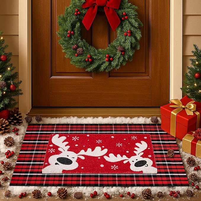 2-Piece Christmas Door Mat Combo Set - Reindeer Coir Doormat 17"x30" + Red Black White Check Rug 28"x43", Layered Front Door Decor for Porch/Entryway, Natural Coir with PVC Backing