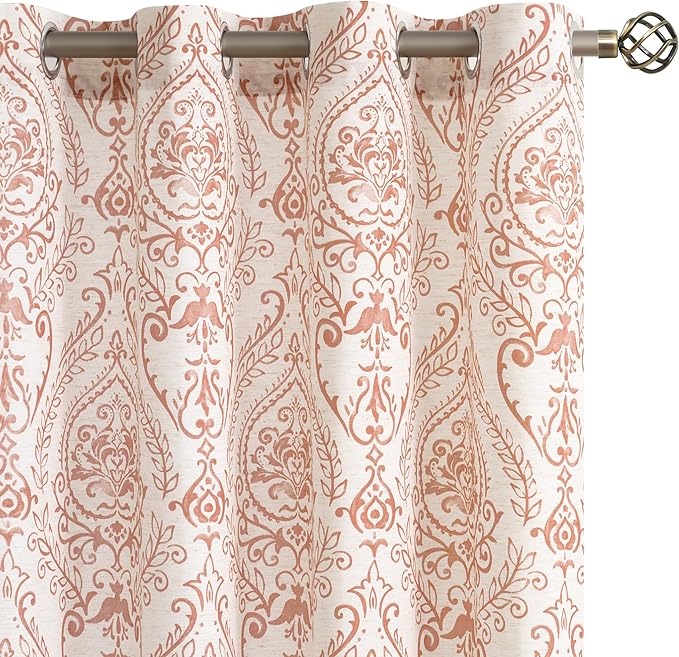 LAMIT Linen Curtains 84 Inches for Living Room, Grommet Light Filtering Country Farmhouse Curtains Flower Vintage Damask Pattern Window Drapes for Bedroom, 2 Panels Each 52 x 84 Inch, Terracotta