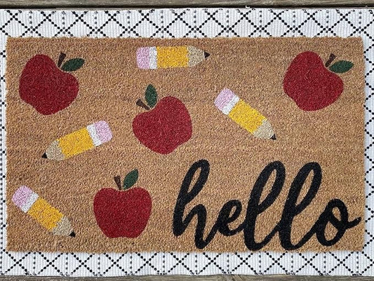 Apple and Pencil Hello Doormat, Classroom Doormat, Teacher Gift, Back to School, Classroom Decoration, Teacher Home Decoration Non-Slip Door Mat 32x20in