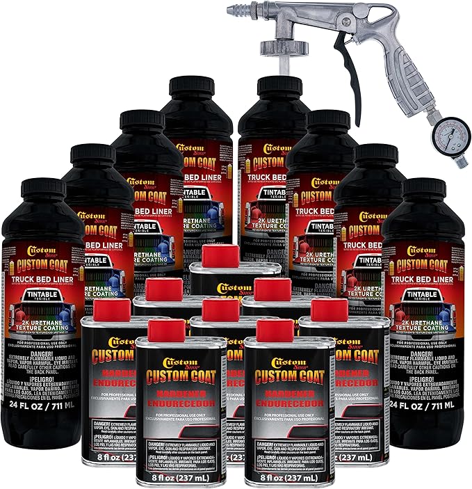 Custom Coat Tintable Base Only 2 Gallon (8 Quart) Urethane Spray-On Truck Bed Liner Kit with Spray Gun and Regulator - Easy 3 to 1 Mix Ratio, Just Mix, Shake and Shoot It -Textured Protective Coating