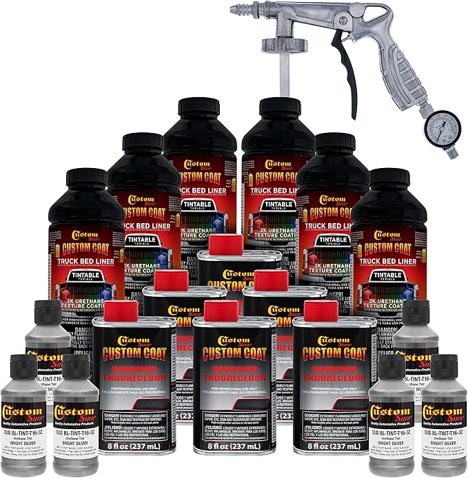 Custom Coat Bright Silver 1.5 Gallon (6 Quart) Urethane Spray-On Truck Bed Liner Kit with Spray Gun and Regulator - Easy Mixing, Shake, Shoot - Textured Protective Coating, Prevent Rust - Car, Auto