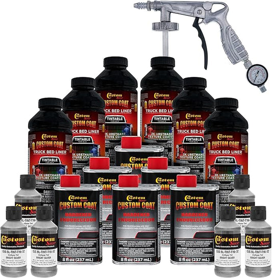 Custom Coat Bright Silver 1.5 Gallon (6 Quart) Urethane Spray-On Truck Bed Liner Kit with Spray Gun and Regulator - Easy Mixing, Shake, Shoot - Textured Protective Coating, Prevent Rust - Car, Auto