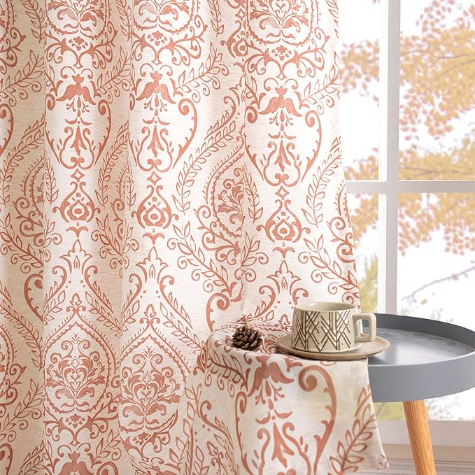 LAMIT 90 inches Long Linen Curtains for Living Room Light Filtering, Medallion Drapes for Bedroom, Damask Pattern Window Treatments Vintage Curtain Panels, 2 Panels Each 52 x 90 Inch, Terracotta