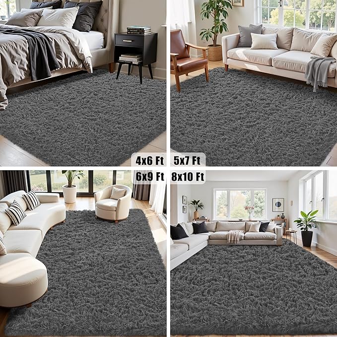 6x9 Area Rug for Living Room:Ultra Soft Fluffy Shag Dark Grey Rugs,Large Fuzzy Plush Indoor Non Slip Carpet Washable Rug for Bedroom Kids Nursery Office Dorm Modern Decor(Dark Grey 6'x9')
