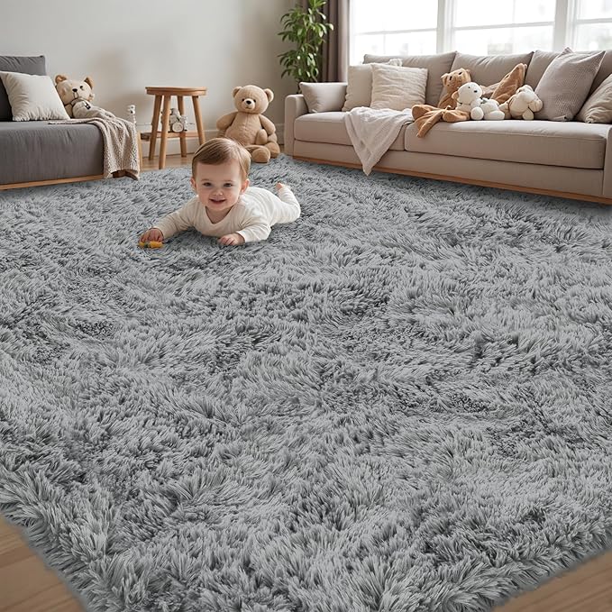 5x7 Area Rug for Living Room:Ultra Soft Fluffy Shag Light Grey Rugs,Large Fuzzy Plush Indoor Non Slip Carpet Washable Rug for Bedroom Kids Nursery Office Dorm Modern Decor(Light Grey 5'x7')