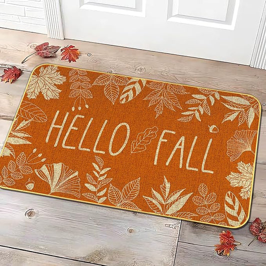 KORVITA Hello Fall Welcome Door Mat Thanksgiving Day Floor Mat Autumn Indoor Outdoor Entrance Mat Bathroom Non-Slip Greeting Party Decorations 17 X 29 Inches