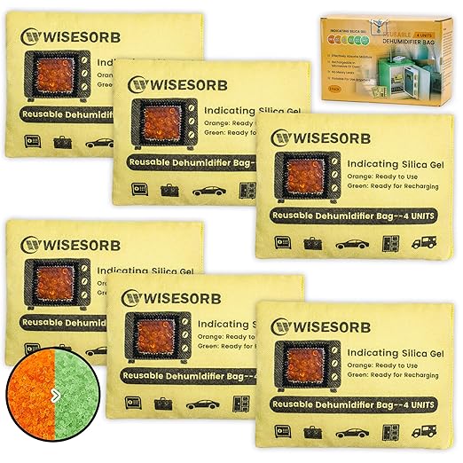 Wisesorb 6 Pack 120G Reusable Silica Gel Desiccant Dehumidifier Bags, Color Indicating Moisture Absorbers for Car, Closet, Garage, 3D Filaments, Emoisture, Microwave Rechargeable Reusable Drying Bags