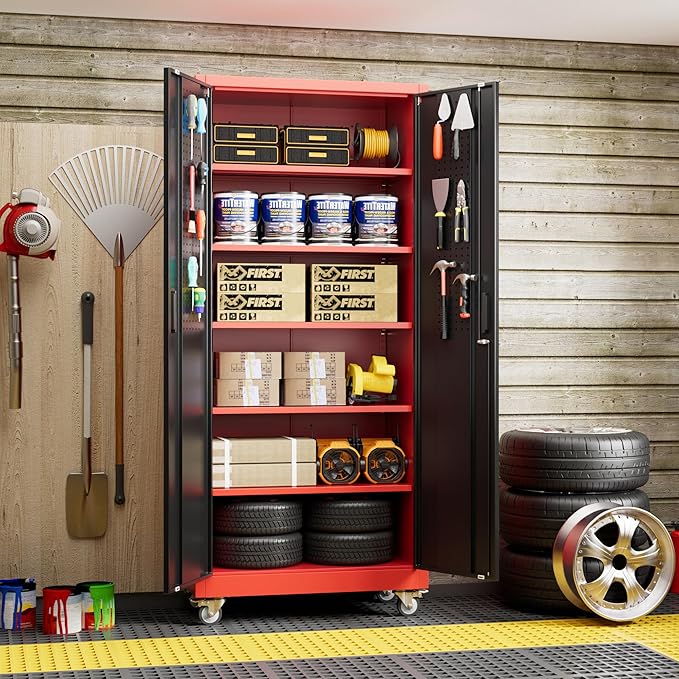 Reemoon 71" H Metal Garage Storage Cabinet with 5 Adjustable Shelves and Pegboard,Steel Storage Cabinet with Wheels for Garage Home Office Utility Room,Required Assembly, Red and Black