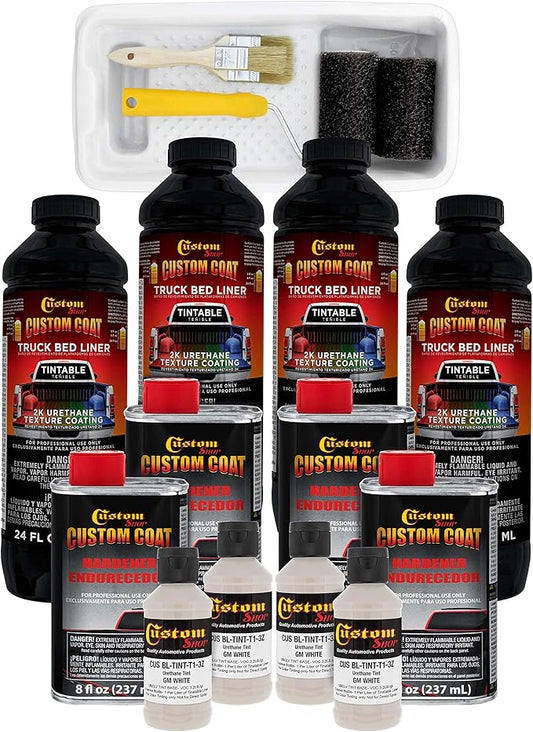 Custom Coat GM White 1 Gallon Urethane Roll-On, Brush-On or Spray-On Truck Bed Liner Kit with Roller and Brush Applicator Kit - Easy Mixing, Shake, Shoot - Textured Car Auto Protective Coating
