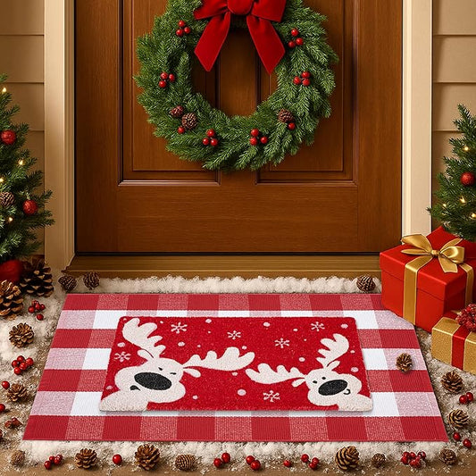 2-Piece Christmas Door Mat Combo Set - Reindeer Coir Doormat 17"x30" + Red White Buffalo Plaid Rug 28"x43", Layered Front Door Decor for Porch/Entryway, Natural Coir with PVC Backing