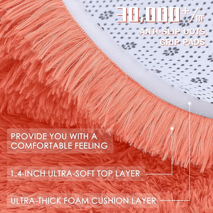 OLANLY Area Rugs for Living Room Bedroom, Machine Washable 4x5.9 ft Soft Fluffy Shaggy Bedside Rug, Indoor Floor Carpet for Kids Girls and Boys, Dorms, Nursery Rooms, Home Decor Aesthetic, Coral Red