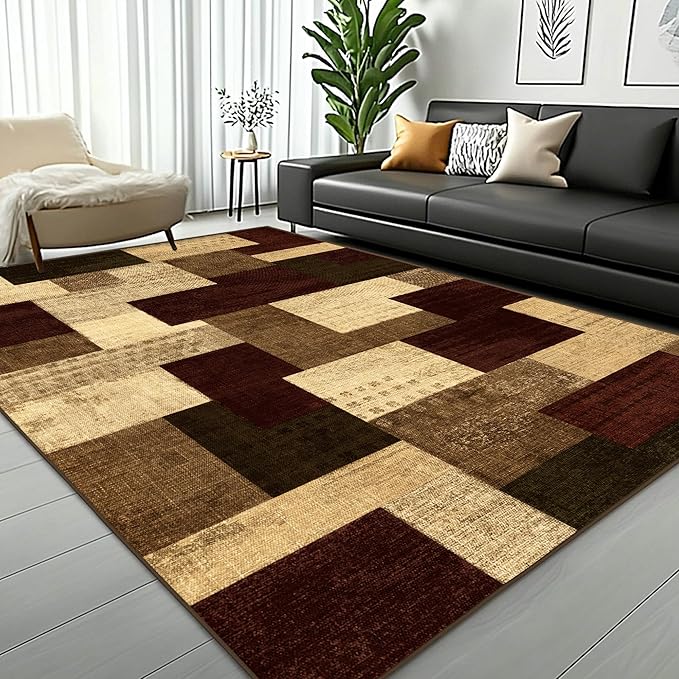 Modern Geometric Patchwork Indoor Area Rug for Living Room, Red 5x7 Large Rug Rockwood Collection Hardwood Floors Decor for Bedroom, Burgundy Throw Carpet for Office Entryway Dining Room