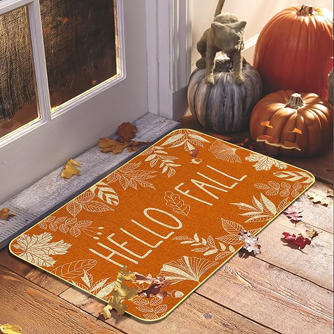 KORVITA Hello Fall Welcome Door Mat Thanksgiving Day Floor Mat Autumn Indoor Outdoor Entrance Mat Bathroom Non-Slip Greeting Party Decorations 17 X 29 Inches