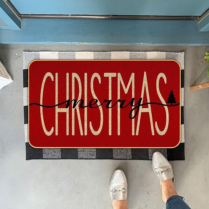 KORVITA Christmas Door Mat Merry Christmas Floor Mat Porch Decoration Mat Christmas Decoration Winter Anti-Slip Outdoor Indoor Low Profile Flax Floor Mat 17 x 29 Inch