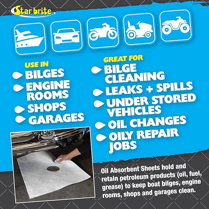 STAR BRITE High-Efficiency Oil Absorbent Sheets - Fuel and Grease Spill Cleaner for Shops, Boats, Engine Rooms - Reusable, Water-Resistant, Easy Disposal - Essential for Mechanics Workshops & Marinas