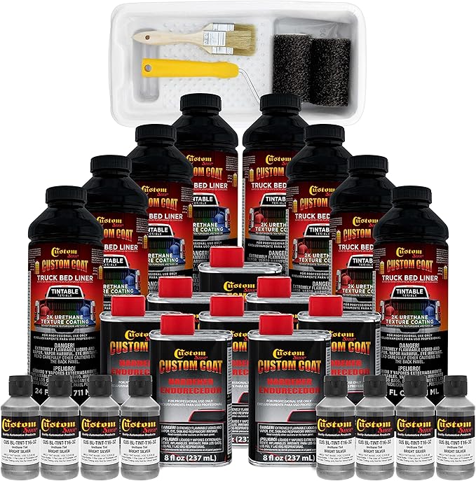 Custom Coat Bright Silver 2 Gallon Urethane Roll-On, Brush-On or Spray-On Truck Bed Liner Kit with Roller and Brush Applicator Kit - Easy Mixing - Durable Textured Car Auto Protective Coating
