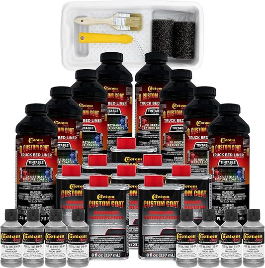 Custom Coat Bright Silver 2 Gallon Urethane Roll-On, Brush-On or Spray-On Truck Bed Liner Kit with Roller and Brush Applicator Kit - Easy Mixing - Durable Textured Car Auto Protective Coating