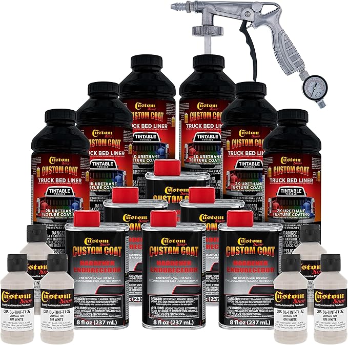 Custom Coat GM White 1.5 Gallon (6 Quart) Urethane Spray-On Truck Bed Liner Kit with Spray Gun and Regulator - Easy Mixing, Shake, Shoot - Textured Protective Coating, Prevent Rust - Car, Auto