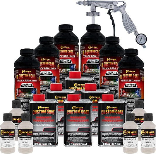 Custom Coat GM White 1.5 Gallon (6 Quart) Urethane Spray-On Truck Bed Liner Kit with Spray Gun and Regulator - Easy Mixing, Shake, Shoot - Textured Protective Coating, Prevent Rust - Car, Auto