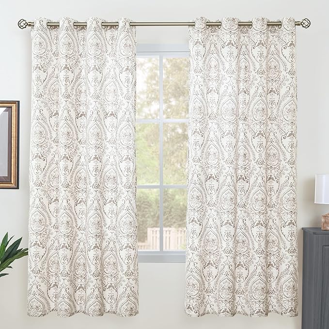 LAMIT Linen Curtains 72 inch Length for Living Room, Linen Printed Curtains Grommet Light Filtering Vintage Damask Flower Pattern Window Drapes for Bedroom, 2 Panels Each 52 x 72 Inch, Taupe