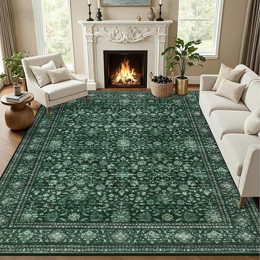Area Rugs 10x14 Living Room Rug: Washable Rug Soft Vintage Distressed Floral Carpet Indoor Non-Slip Stain Resistant Large Carpets for Bedroom Dining Room Farmhouse Nursery Home Office Deep Green