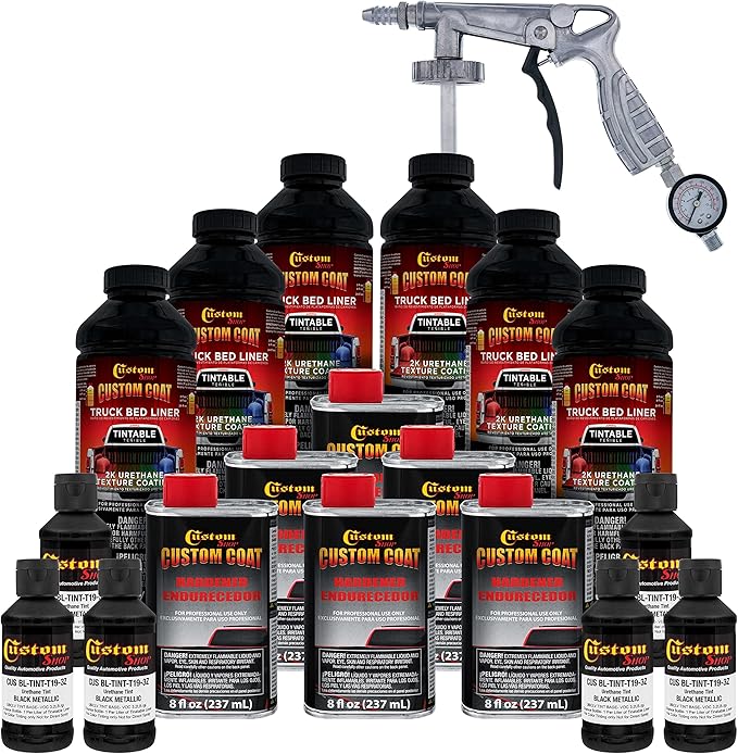 Custom Coat Black Metallic 1.5 Gallon (6 Quart) Urethane Spray-On Truck Bed Liner Kit with Spray Gun and Regulator - Easy Mixing, Shake, Shoot - Textured Protective Coating, Prevent Rust - Car, Auto